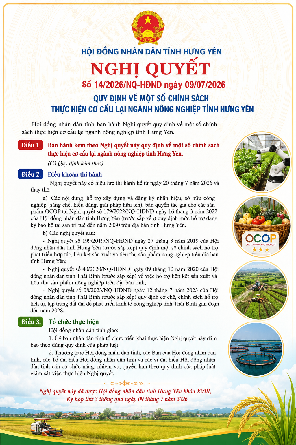 Nghị quyết số 14/2026/NQ-HĐND ngày 09/07/2026 của Hội đồng nhân dân tỉnh Hưng Yên về Quy định về một số chính sách thực hiện cơ cấu lại ngành nông nghiệp tỉnh Hưng Yên