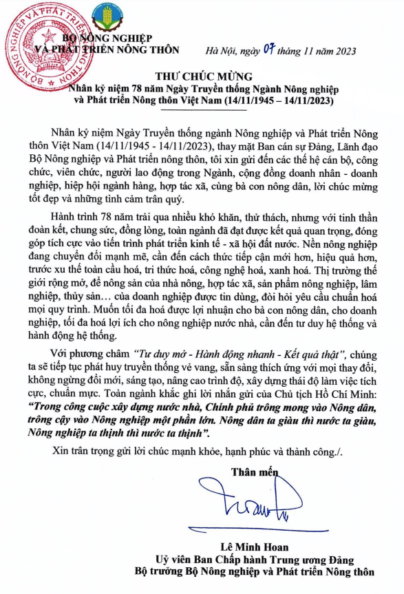 Bộ trưởng Bộ Nông nghiệp và PTNT gửi thư Chúc mừng 78 năm ngày truyền thống Ngành Nông nghiệp Việt Nam (14/11/1945-14/11/2023)